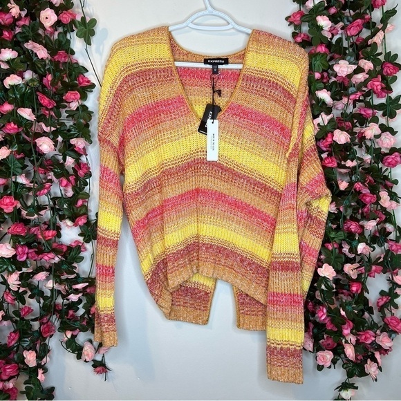 🌹Express Sweater Womens Striped Split Back Orange Yellow Gold XS NWT - Picture 1 of 9